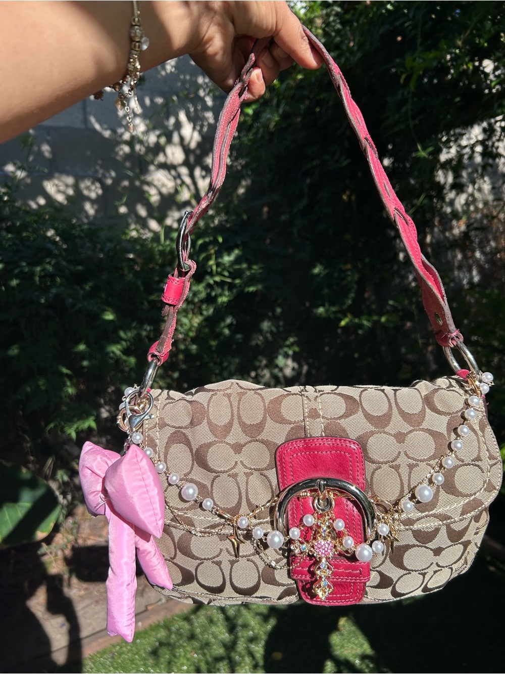 Coach Beige Signature Canvas Shoulder Bag with Pink Trim and Pearl Chain